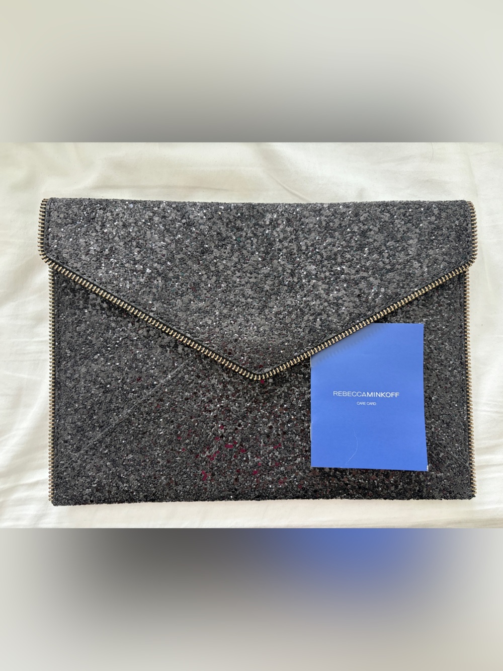 Rebecca Minkoff Black Glitter Envelope Clutch with Chain Trim NWT